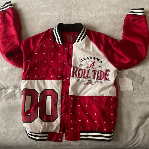 ALABAMA MIXED MEDIA THROWBACK BOMBER JACKET/RHINESTONE BY MADI P.T. - Picture 1 of 15